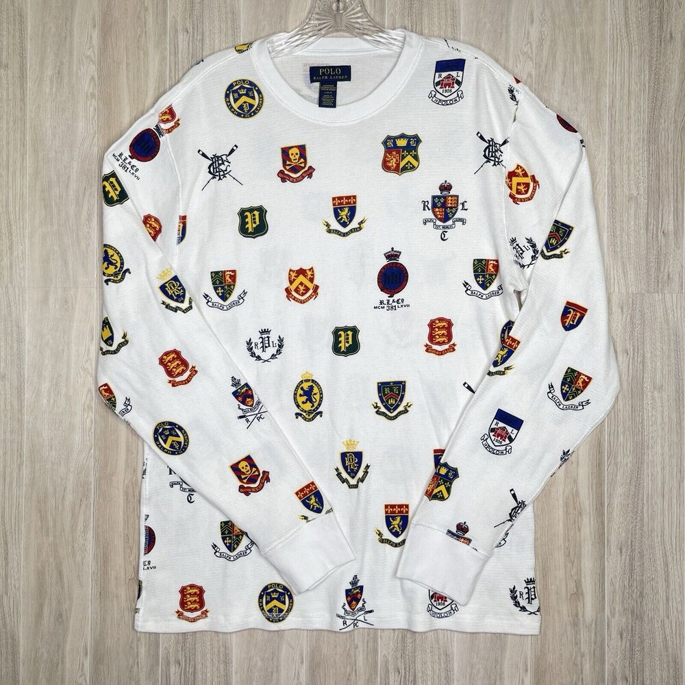 Polo Ralph Lauren Herald Crest Thermal Shirt Mens Medium White Print Waffle Knit